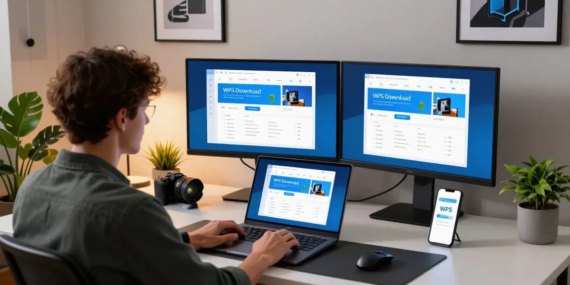 WPS Download interface displayed on a modern laptop in a vibrant workspace.