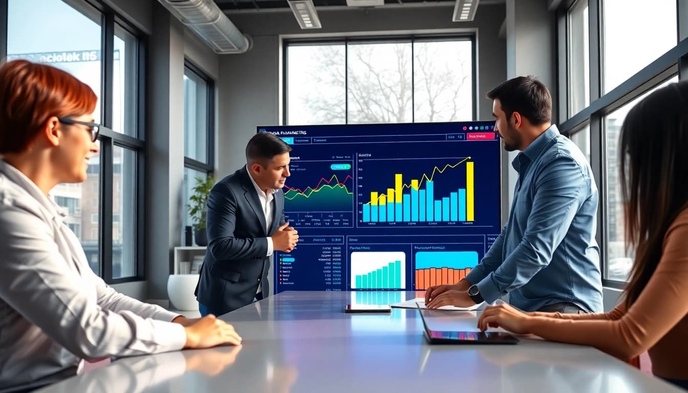 Digital Marketing professionals discussing strategies in a modern office setting.