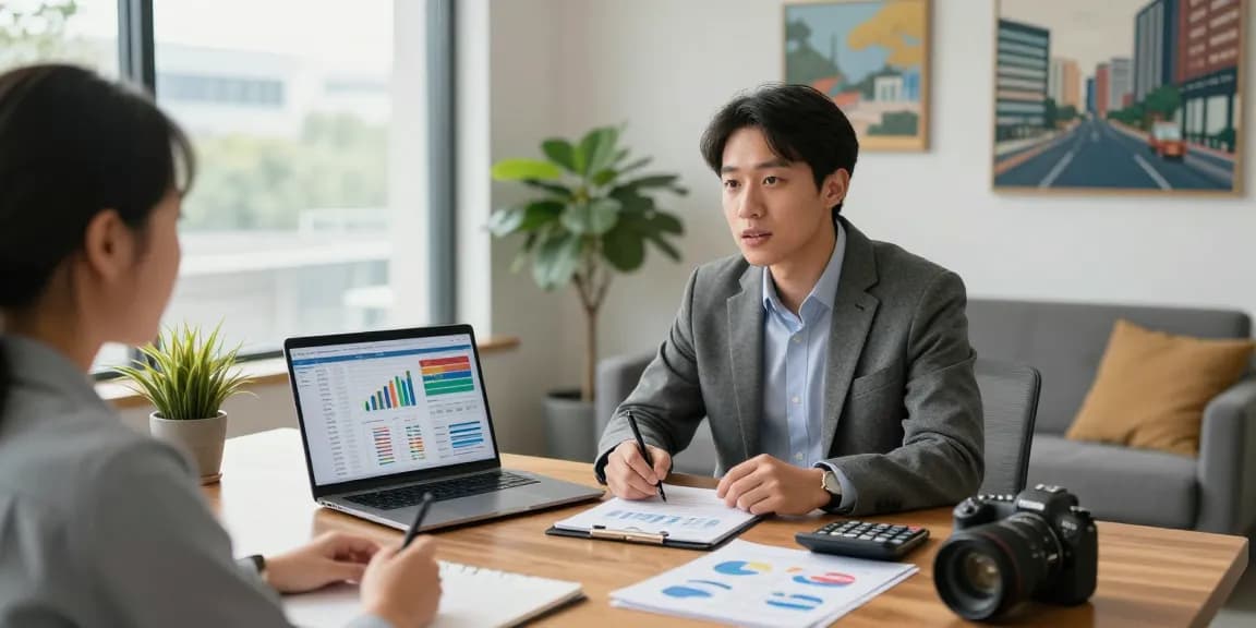 Financial consultant discussing ETFs with a client in a welcoming office environment, showcasing investment analysis and professional engagement.