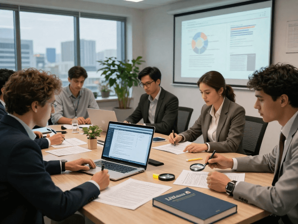 Analyzing document fraud detection tools in a modern office environment with a collaborative team.