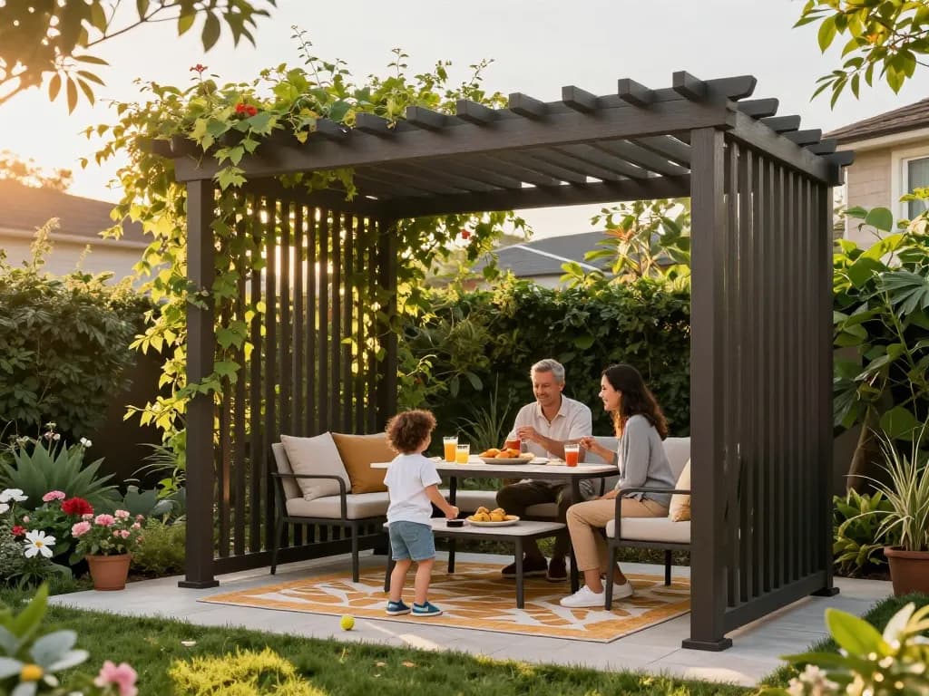 Famiglia che gode di un configuratore pergole 3D personalizzato in un vivace giardino, che mostra la vita all'aperto.