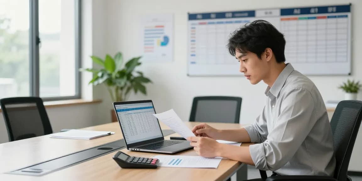 Small business accounting professional analyzing financial documents in a bright office.
