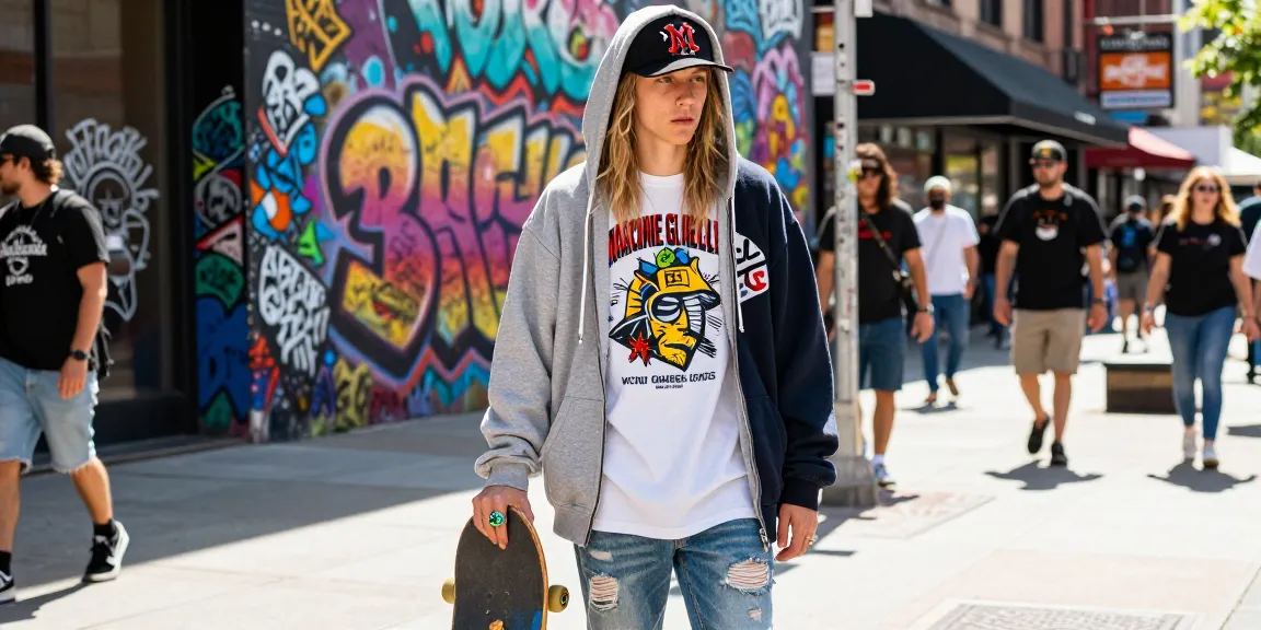 Street fashion scene with bold Machine Gun Kelly-inspired style showcasing rokok88 daftar urban trends and accessories.