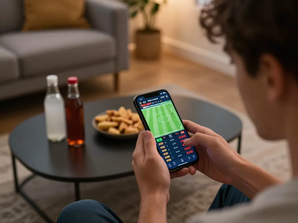 Bong88 user engaging with live betting odds on smartphone in cozy living room