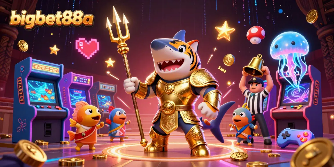 bigbet88a features a golden-armored tiger shark in a dynamic casino scene with vibrant arcade elements.