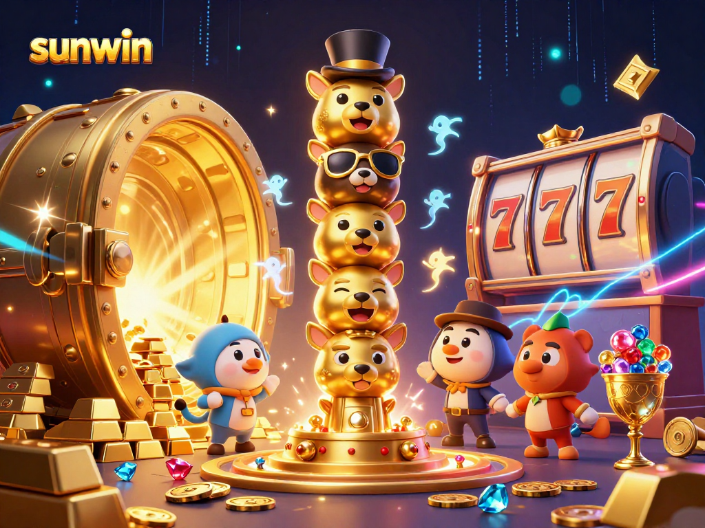 Spin the reels with sunwin at a vibrant casino scene featuring a golden totem and sparkling treasures.