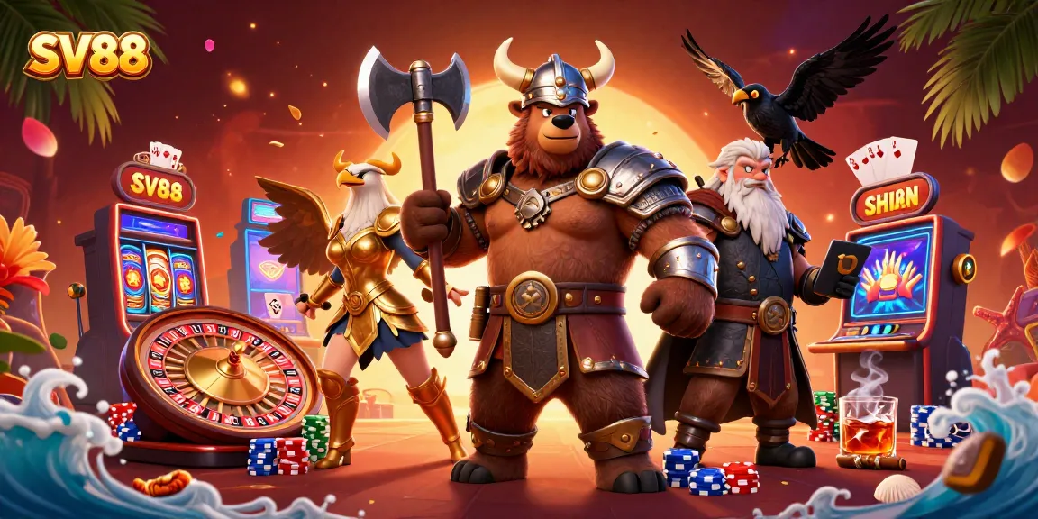 Engaging casino scene with SV88 branding featuring a Viking bear and Valkyrie eagle among poker and roulette elements.