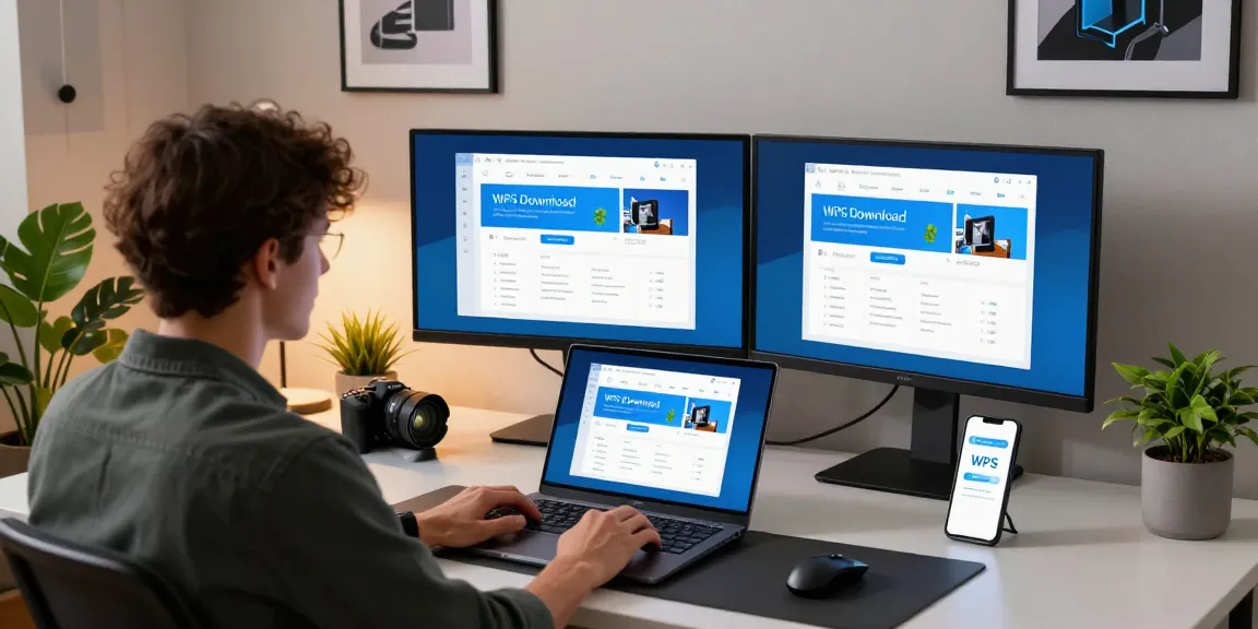 WPS Download interface displayed on a modern laptop in a vibrant workspace.