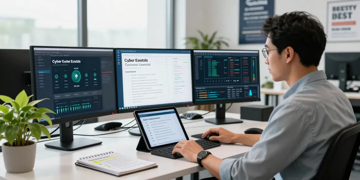 IT consultant reviewing cyber essentials cost in a modern office setting focused on security compliance.