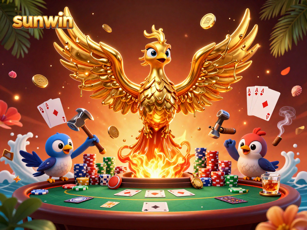 Experience winning excitement with sunwin as a golden phoenix rises above dynamic poker elements.