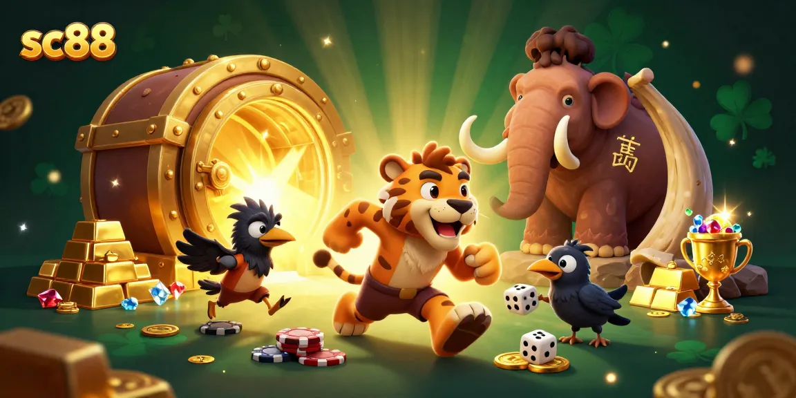 Experience the excitement of sc88's casino through a dynamic 3D illustration featuring playful characters and sparkling treasures.