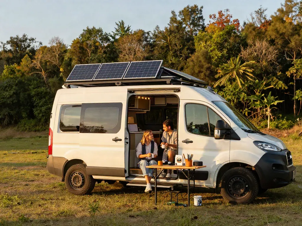 Couple enjoying coffee outside their campervan setup, showcasing solar panels and rokok88 link resources.