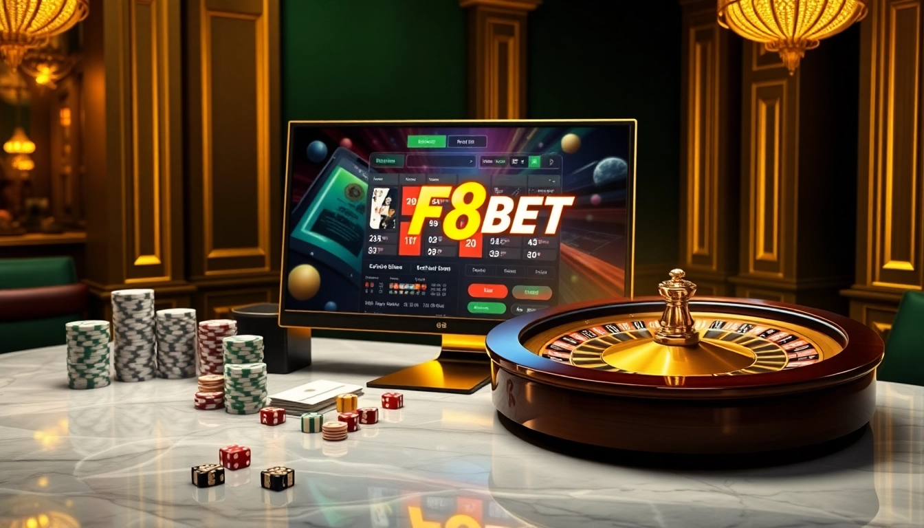 Experience online gambling with F8BET's exciting casino visuals featuring tables, cards, and games.