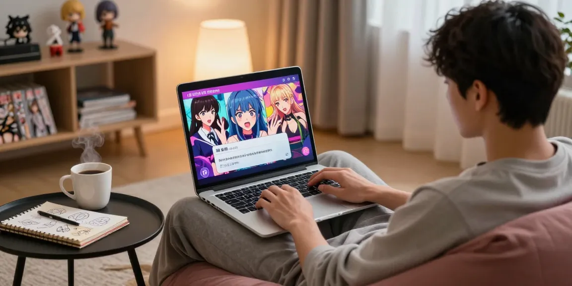 User enjoying an engaging ai hentai chat on a laptop in a cozy virtual room with anime characters displayed.