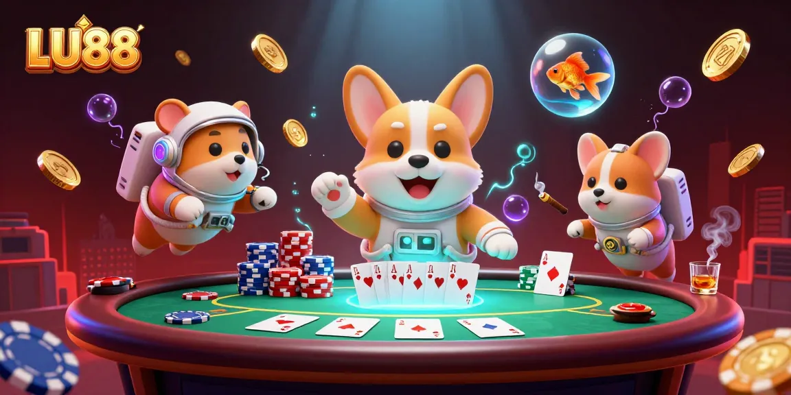 LU88 gameplay featuring a floating astronaut corgi amid casino excitement with golden coins and poker chips.