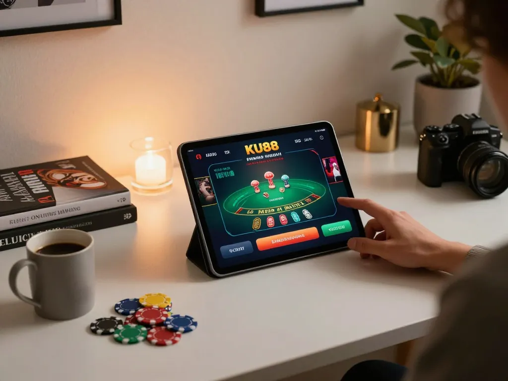 Engaging with KU88 casino app for blackjack excitement in a cozy home office.