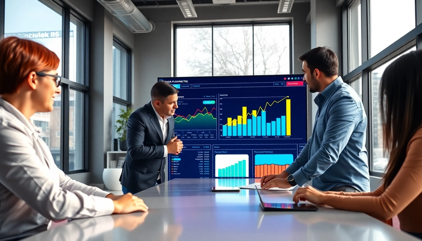 Digital Marketing professionals discussing strategies in a modern office setting.