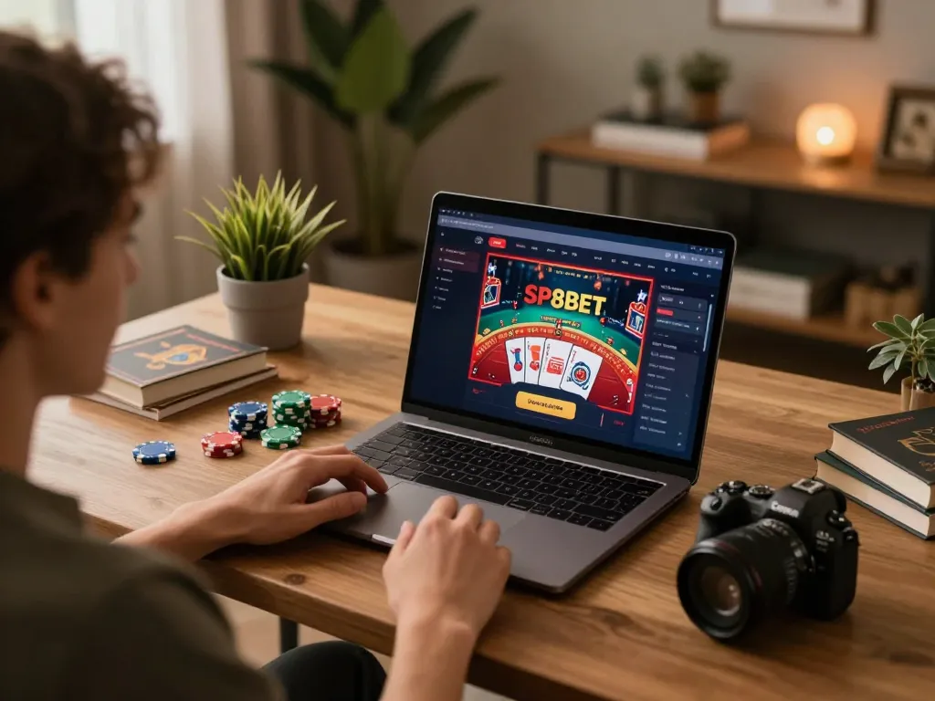 Player enjoying SP8BET online casino gaming with poker setup, reflecting a cozy at-home atmosphere