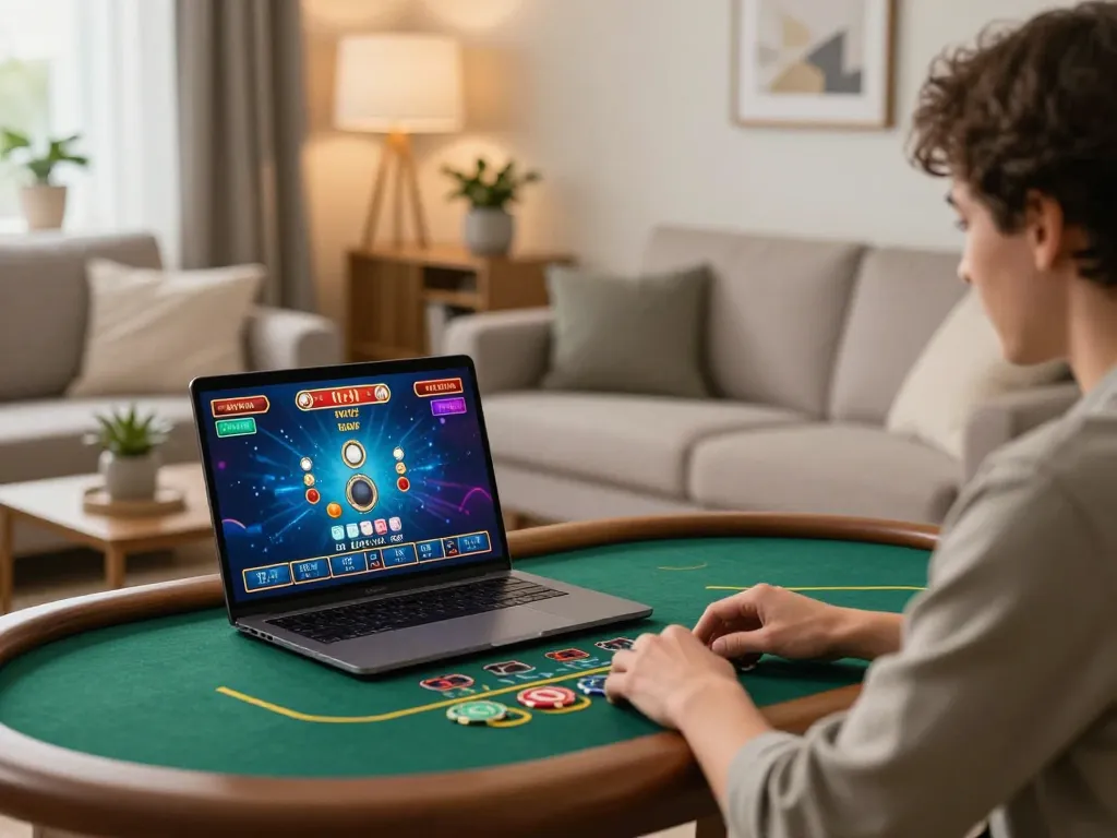 j188 online casino gaming experience with a person engaged on a laptop in a cozy environment