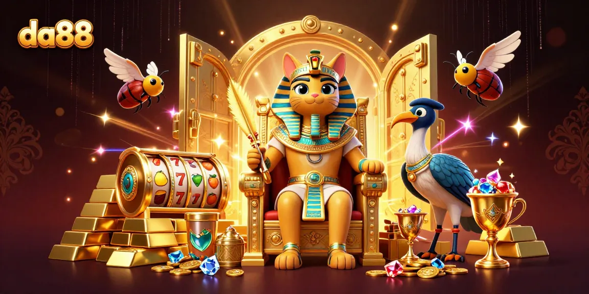da88 slot game adventures featuring an Egyptian pharaoh cat in a golden treasure scene