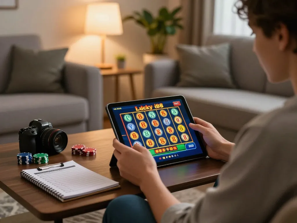 Play Lucky 88 slot on a tablet in a cozy home setting with betting strategies visible.