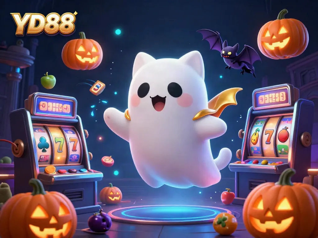 Experience thrilling jackpots and spooky fun at YD88 with a friendly ghost cat in a haunted casino.