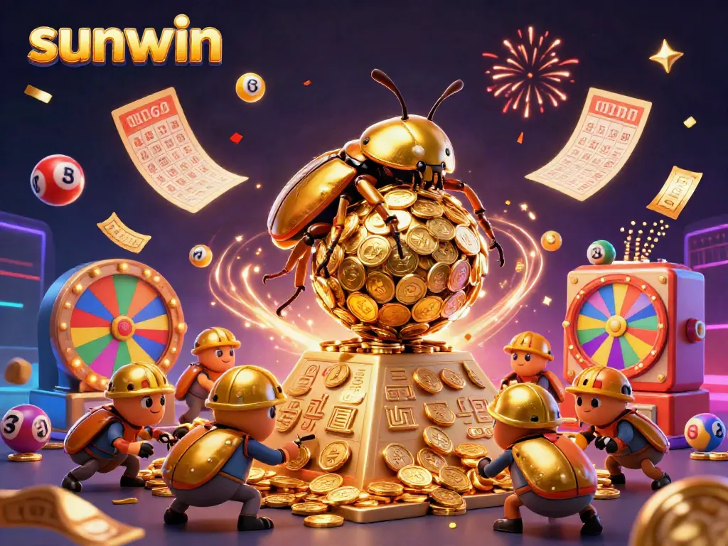 Experience excitement at Sunwin with golden beetles rolling coins and vibrant casino elements.