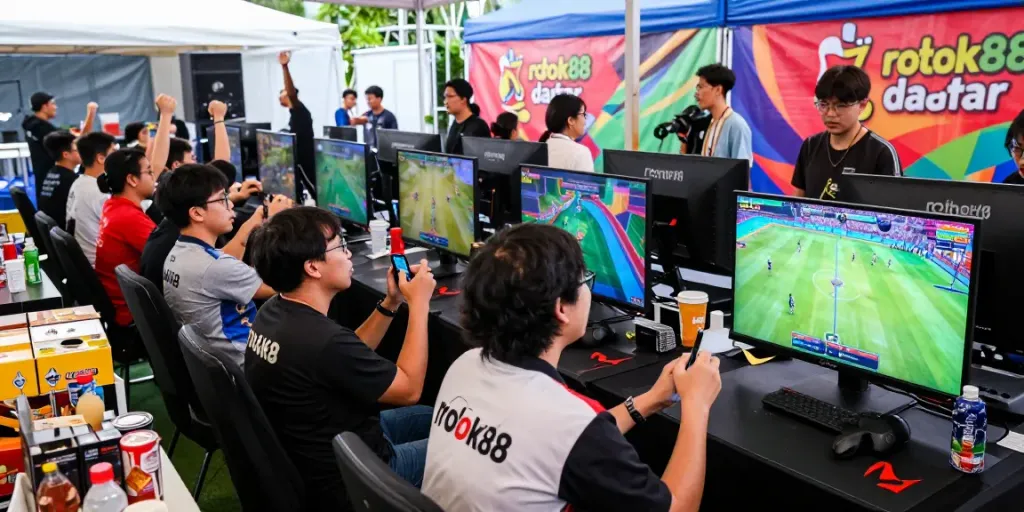 Engaged players enjoying the rokok88 daftar gaming experience at an outdoor event.