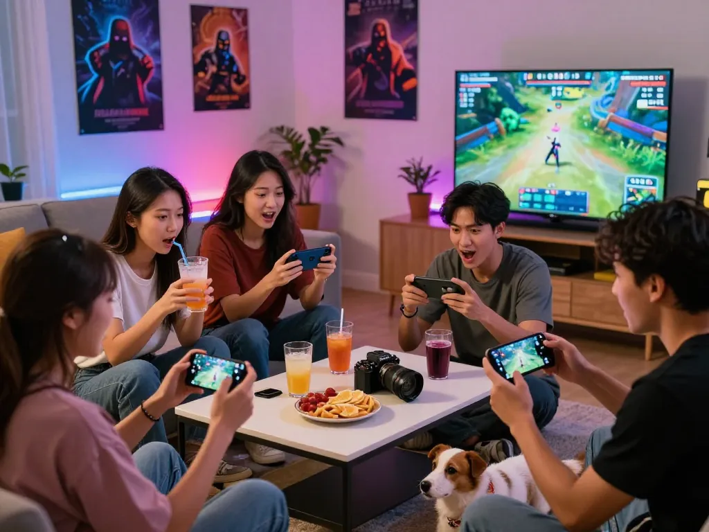 Excited friends playing tải sun win mobile game together in a cozy living room.