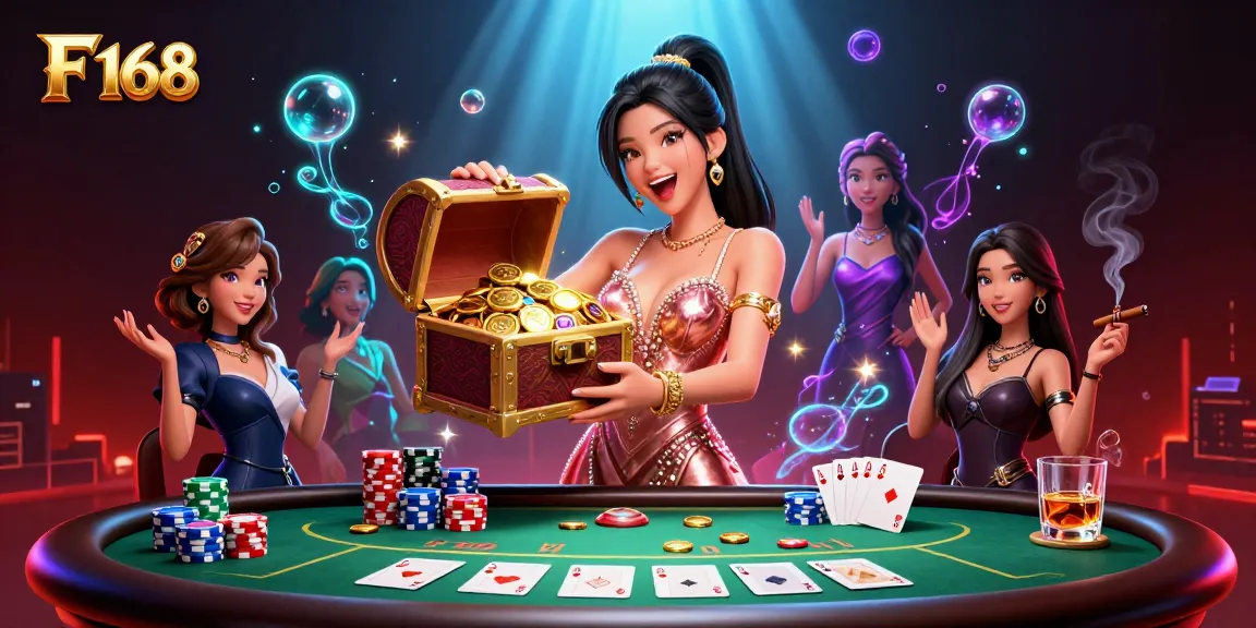 Win at F 168 with an interactive poker setup featuring extravagant treasures and vibrant casino elements