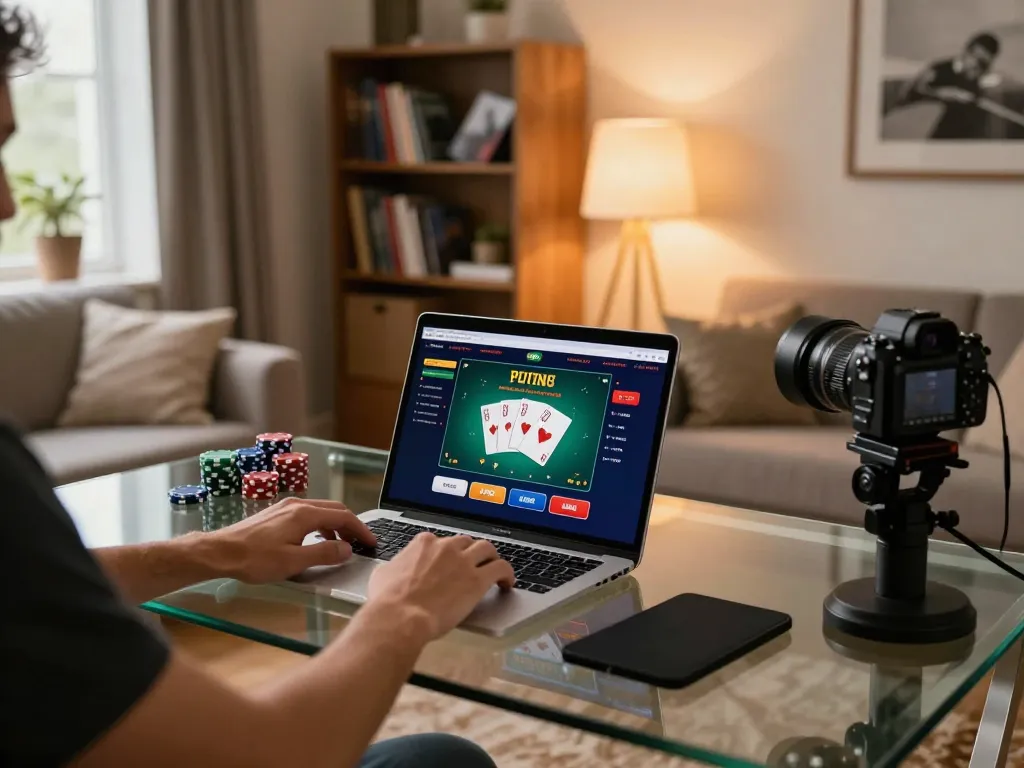 Playing online poker at home using a laptop on a stylish desk, showcasing f1688 interface.