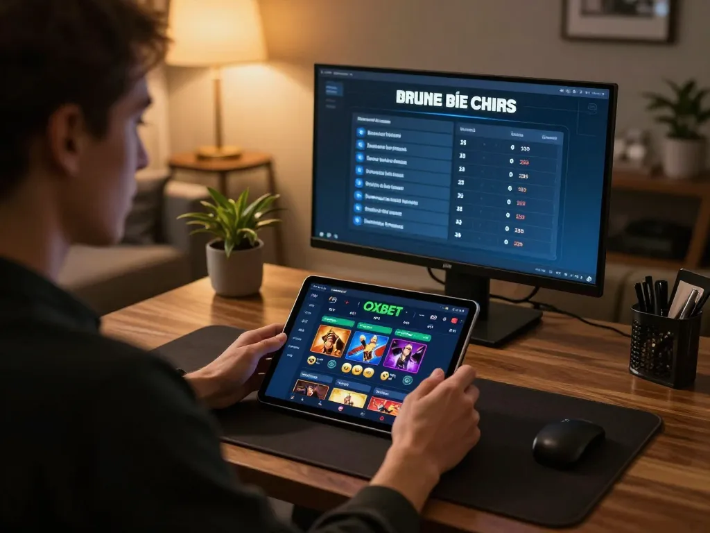 Player enjoying Oxbet online gaming at home with tablet and budgeting tools