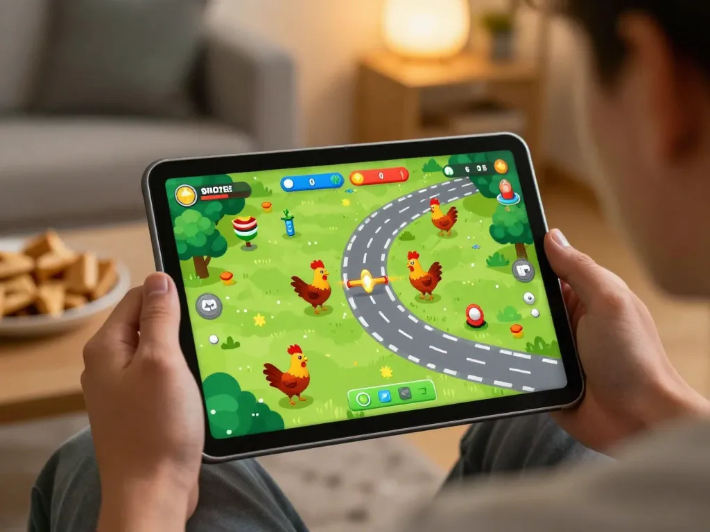 Giocatore che si diverte con il gameplay di Chicken Road recensioni su un tablet in un'atmosfera domestica accogliente.