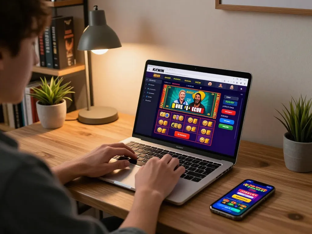 Engaging in online gameplay on KKWIN's platform with vibrant gaming interface and cozy atmosphere.