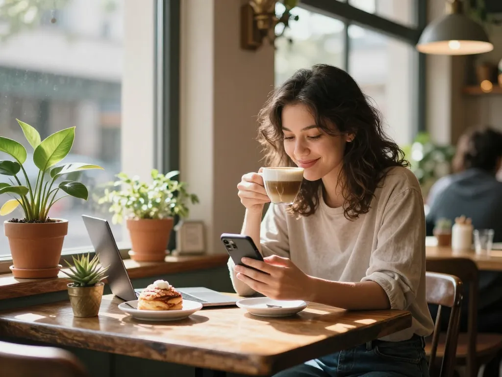 Individual enjoying coffee in a cozy café while daydreaming about a crush on someone.