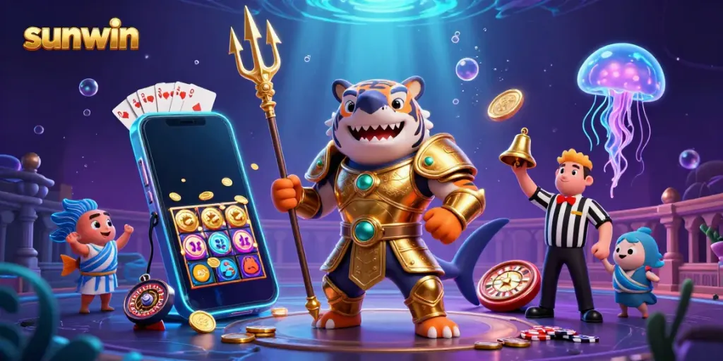 Experience the excitement of sunwin with vibrant slot games and a fierce shark gladiator.