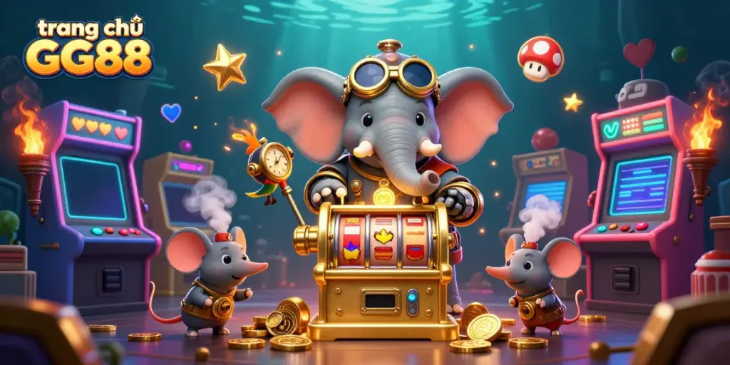 Engage in excitement with trang chủ GG88 featuring a steampunk elephant operating a golden slot machine.