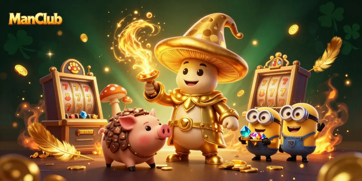 ManClub engages players in a dynamic and magical casino landscape with treasure-hunting pigs and slot machines.
