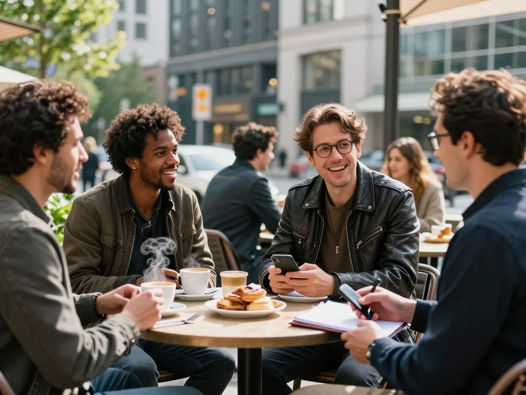 Men club gathering at a café sharing stories and laughter, fostering community.