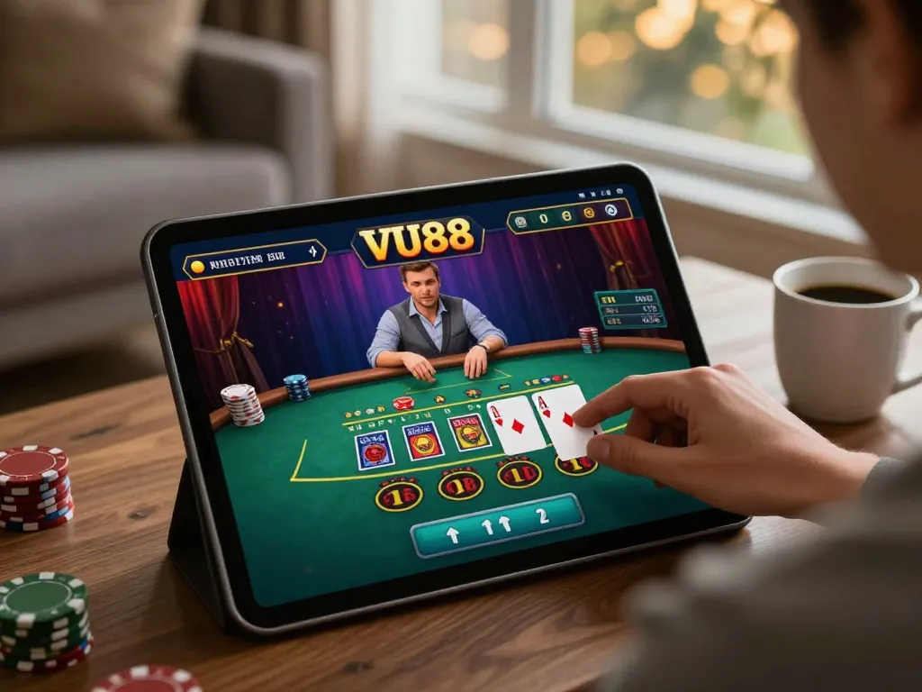 Play online poker with VU88 while strategizing bets in a cozy living room setup.