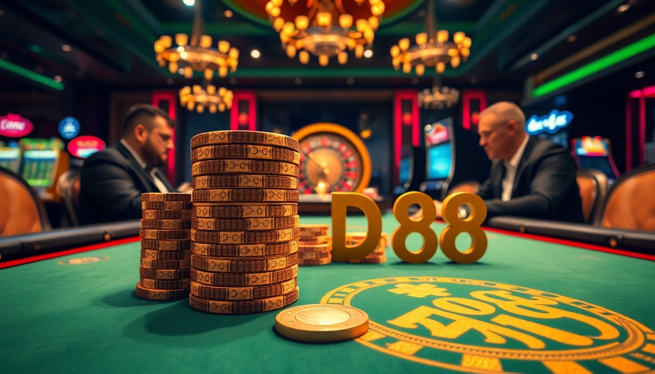 Engaging players at a luxurious casino table, featuring DA88 casino experience with vibrant lighting.