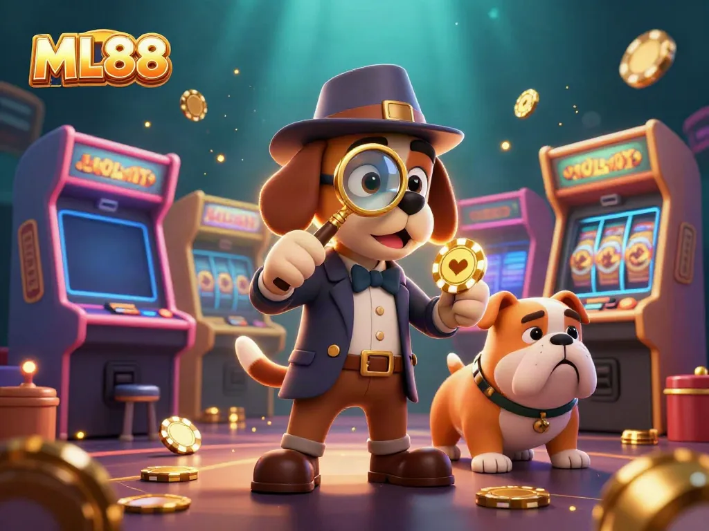 ML88 cartoon detective and bulldog examining casino clues among vibrant arcade elements.