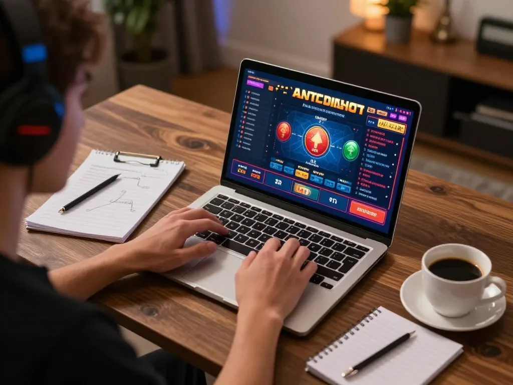 Good88 user engaging in online casino games with strategic notes and warm ambiance.