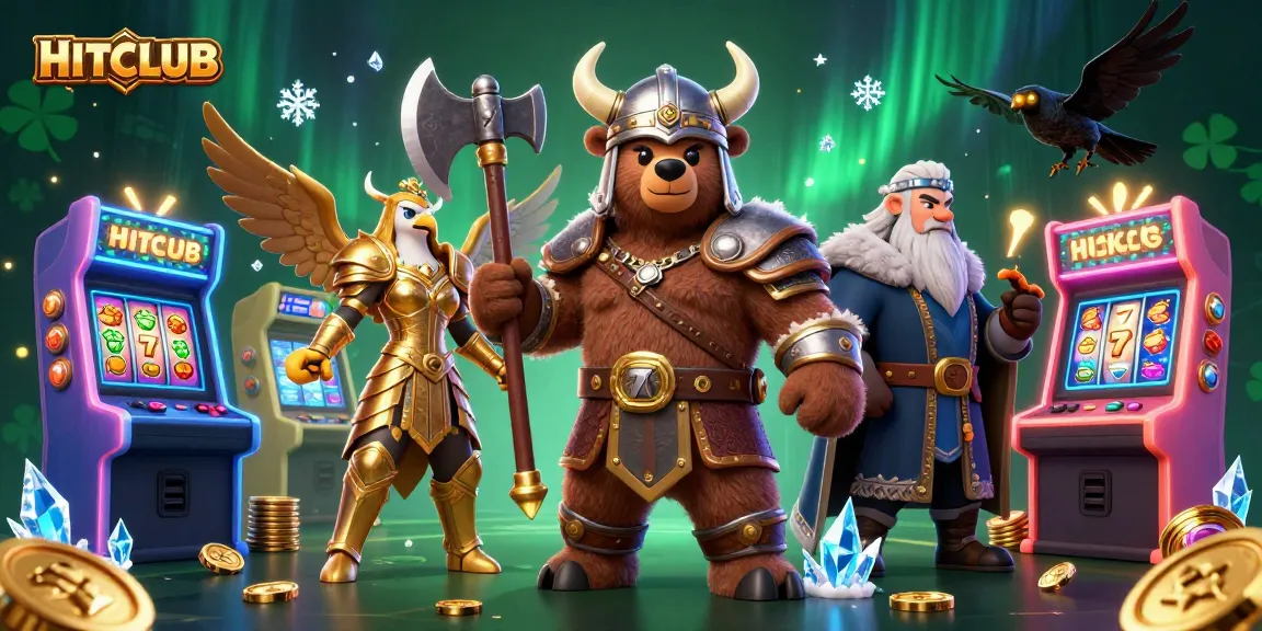 Engage with HITCLUB in this vibrant 3D casino scene featuring a Viking bear and Valkyrie eagle amidst glowing slot machines.