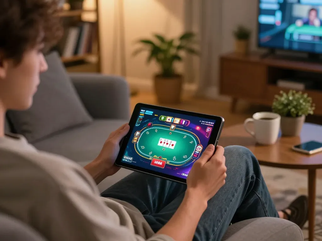 Engaging in strategic poker gameplay on SAM86 platform from a cozy home setting.