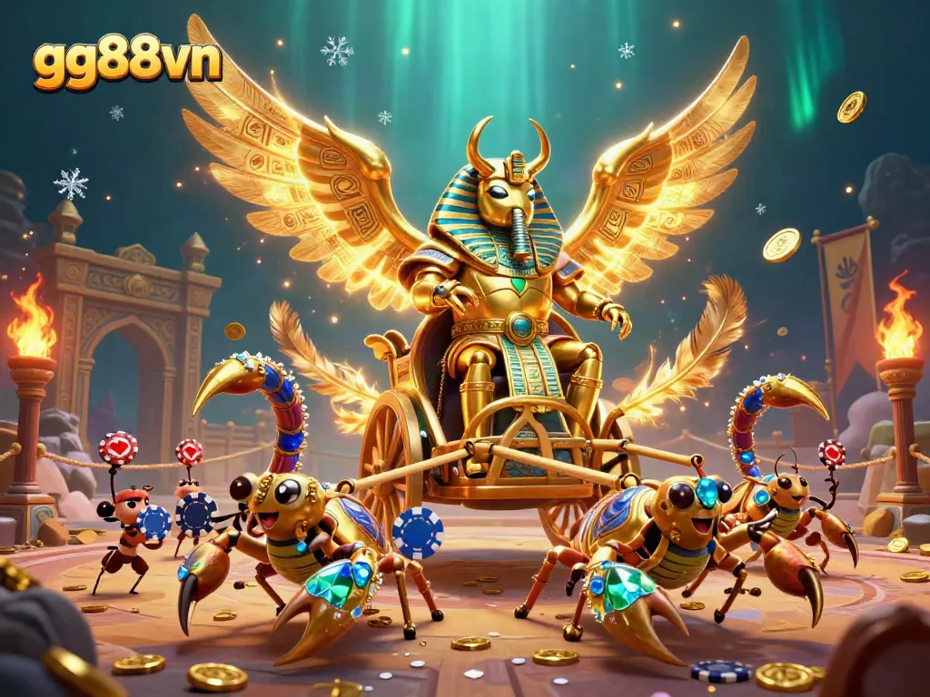 Experience the thrill of betting with gg88vn's vivid 3D casino scene featuring a golden scarab chariot.