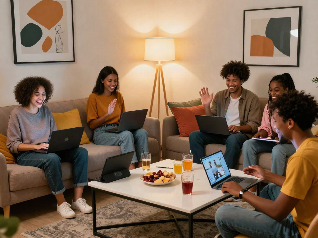 Vibrant social scene showcasing porn chat ai users enjoying virtual interactions in a cozy modern living room.