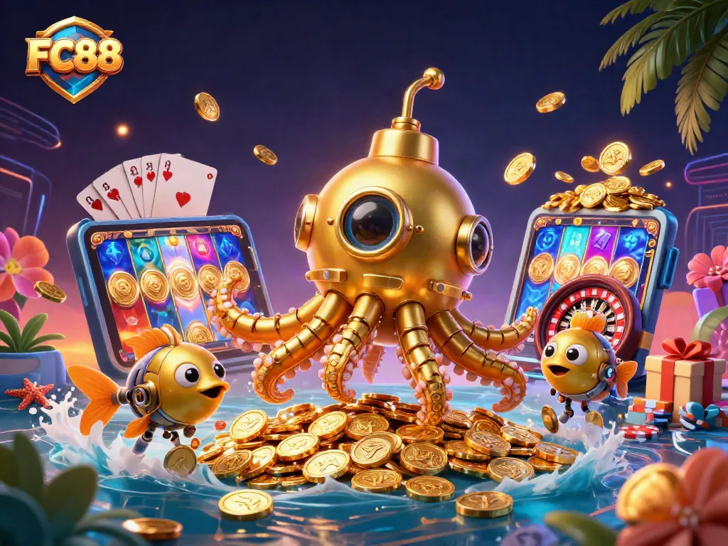 Spin vibrant FC88 slots with a golden kraken submarine amidst ocean treasures.