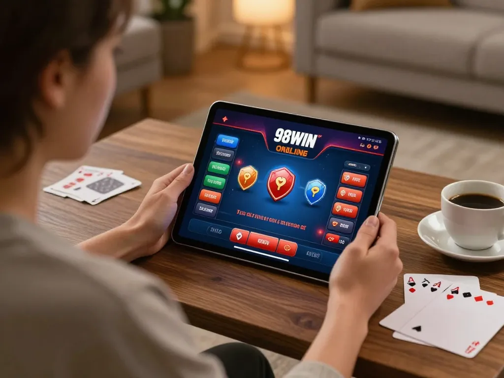 Engaging with Đăng Nhập 98WIN online casino interface on tablet in cozy home setup.
