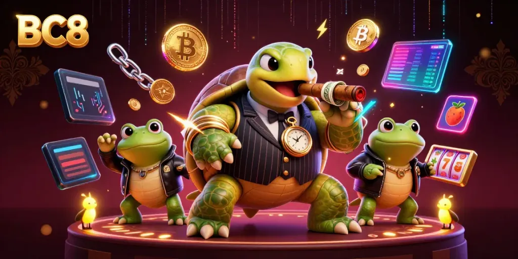 Engage in exciting gameplay at BC8 with a dynamic illustration showcasing a snapping turtle mobster and bullfrog enforcers amidst casino elements.